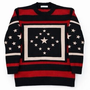 Men’s Givenchy Paris Flag Star Knit Crewneck Sweater Black & Red Size XL